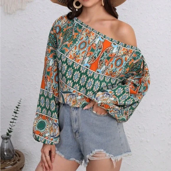 Boho floral print off shoulder lantern sleeve blouse - Picture 1 of 16